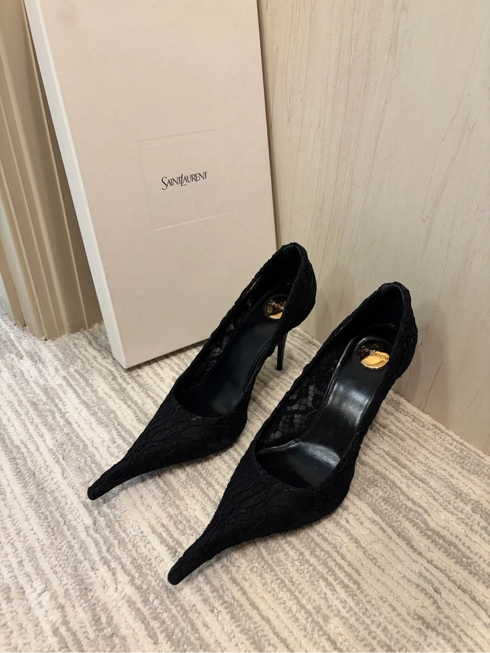 Yves Saint Laurent Black Lace Pointed Stiletto Pumps